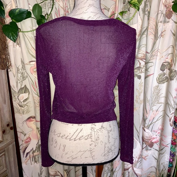 Semi Sheer Sparkle Knot Front Long Sleeve Top Burgundy Party Holiday Night Out - Picture 4 of 8